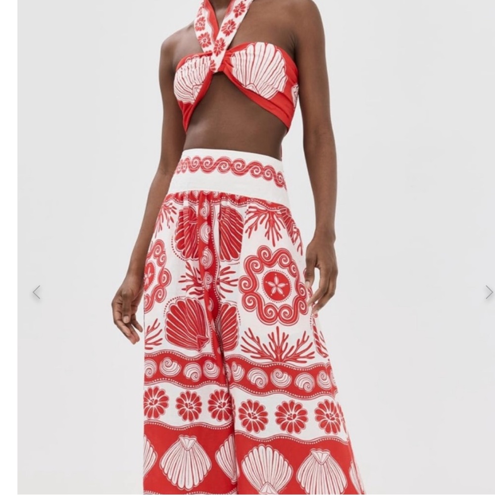 FARM Rio Red and White Maxi Skirt with Bold Patterns